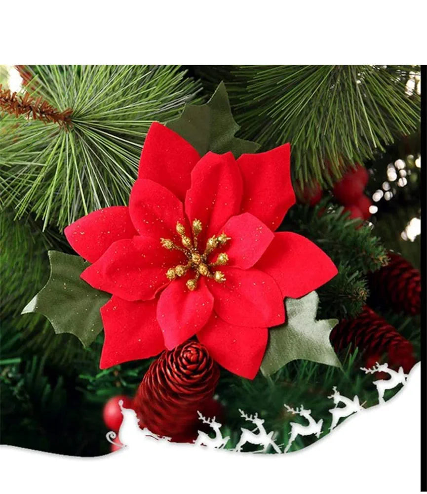 VRB Dec™ 12pcs Christmas Poinsettias Red/Gold Velvet Decorative Artificial Flowers Christmas Flowers of Velvet Christmas Decorations Items/Chritmas Tree/Decoration Items )